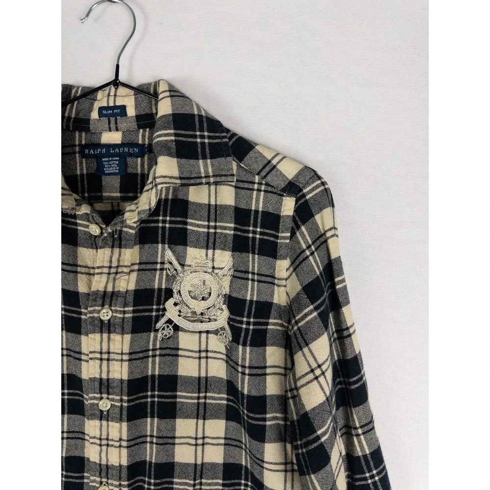 VTG Polo Ralph‎ Lauren Shirt Womens 9/M Plaid Crest Slim Wool Blend Button Up